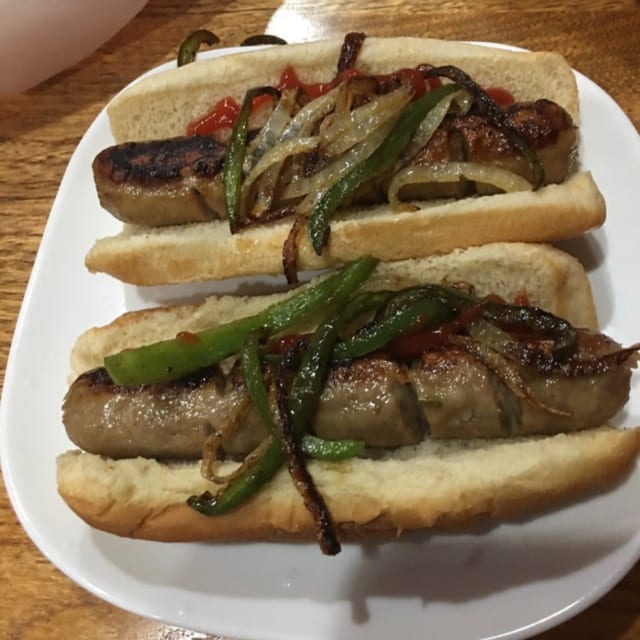 Italian Sausage on Roll with Peppers & Onions.