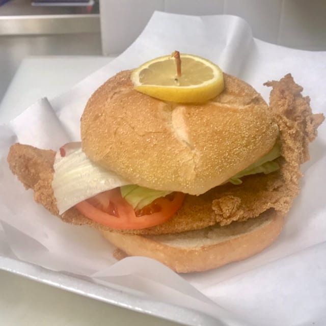 Fried Walleye Fish Sandwich.