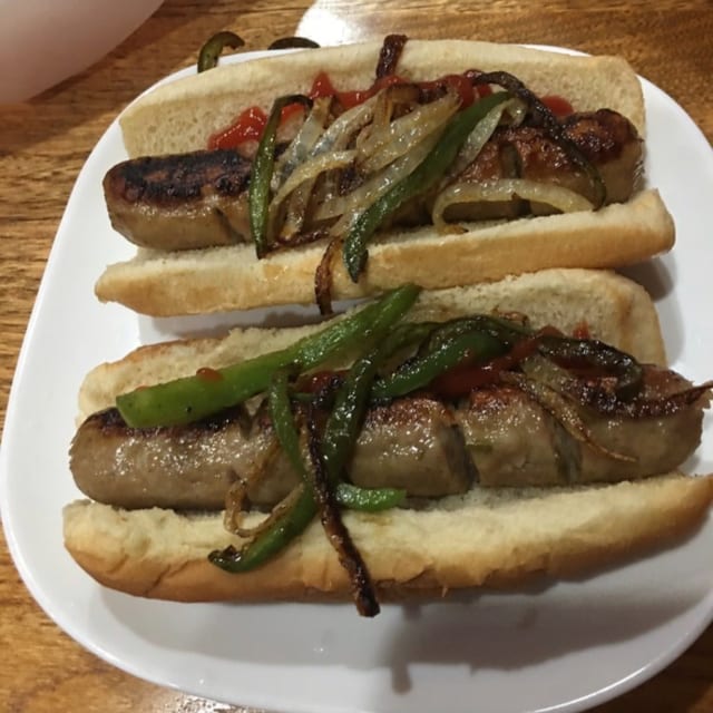 Italian Sausage on Roll with Peppers & Onions.