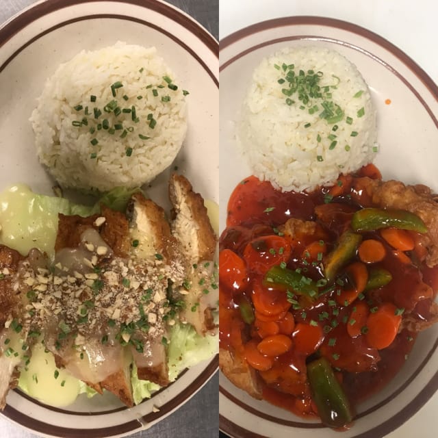 Almond Boneless Chicken or Sweet-n-Sour Chicken with White Rice.